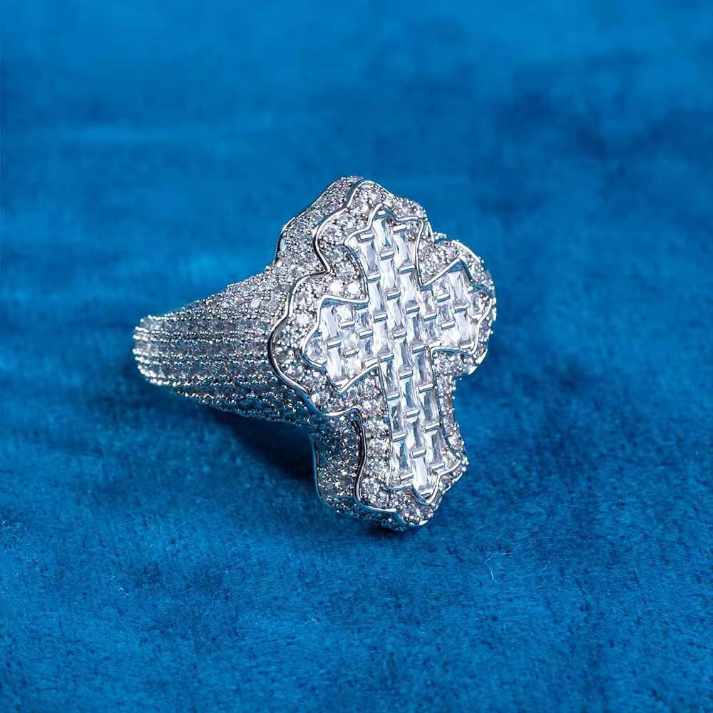 SPARKS VISTA Fashionable Iced Moissanite Cross Ring 925 Sterling Silver VVS Diamond Alternative for Certified Hip Hop Jewelry