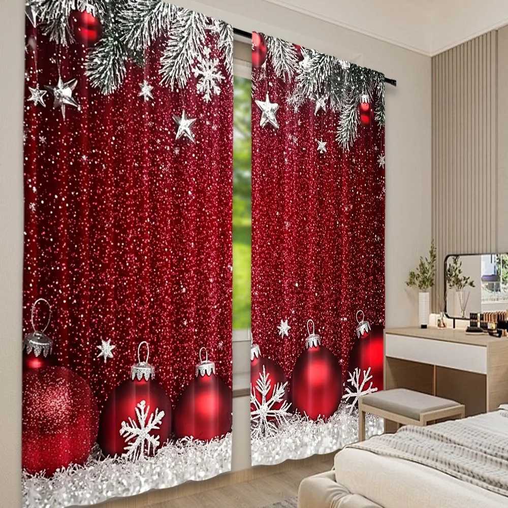 Curtain Christmas 2D flat printing 2pcs Christmas curtains Christmas Red Ball Digital Printed Polyester Drapes Birthday Party Perfect for Parties Y251