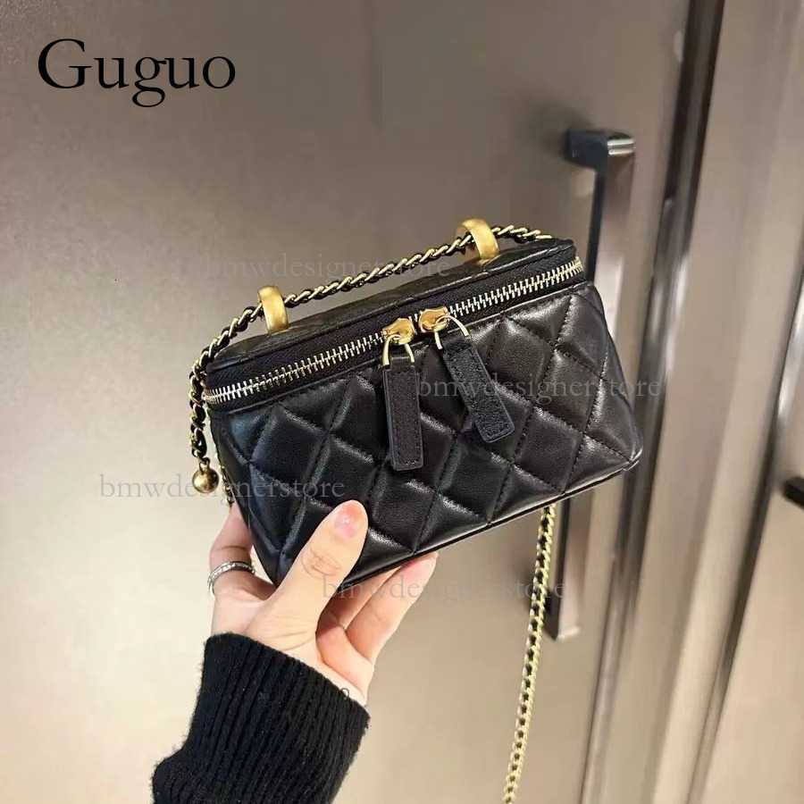 Guguo Designer Luxury Leather Mini Shoulder Bag Sheepskin Totem Box Handbag Women's Fashion Golden Ball Chain Lipstick Crossbody Bag Chanel Style