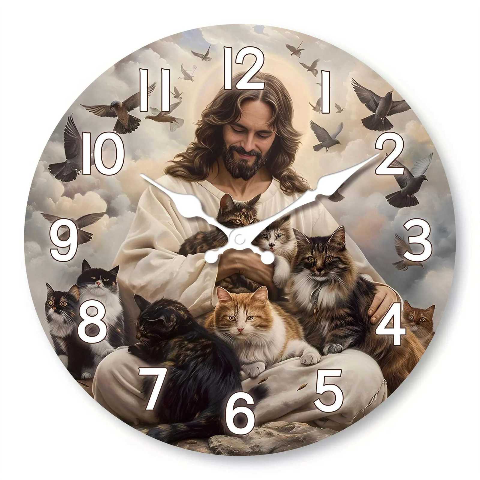 1pc Religious theme Jesus Saves the Cat Wooden wall clock - silent non-ticking living room bedroom home decoration clock C251126