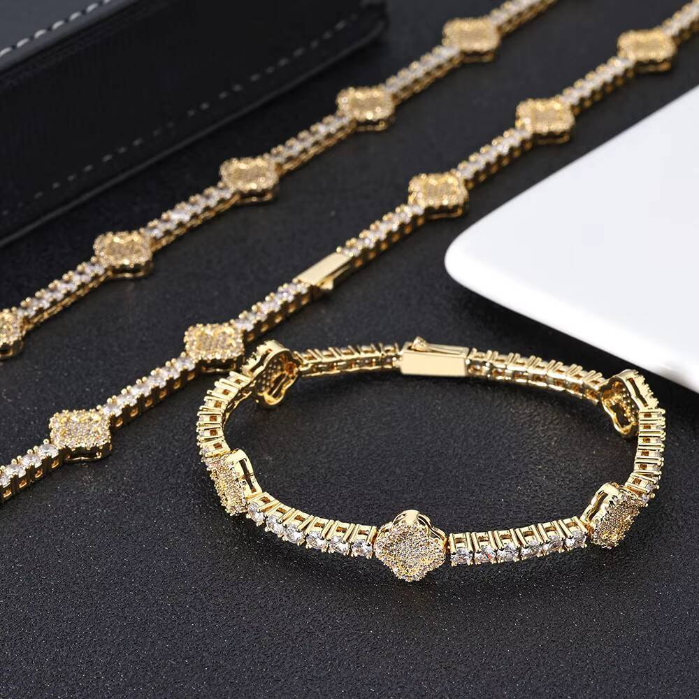 European American High-End Trendy Mens Bracelet Cross-Border Hip-hop Zircon Tennis Chain Clover Necklace Versatile Jewelry Gift