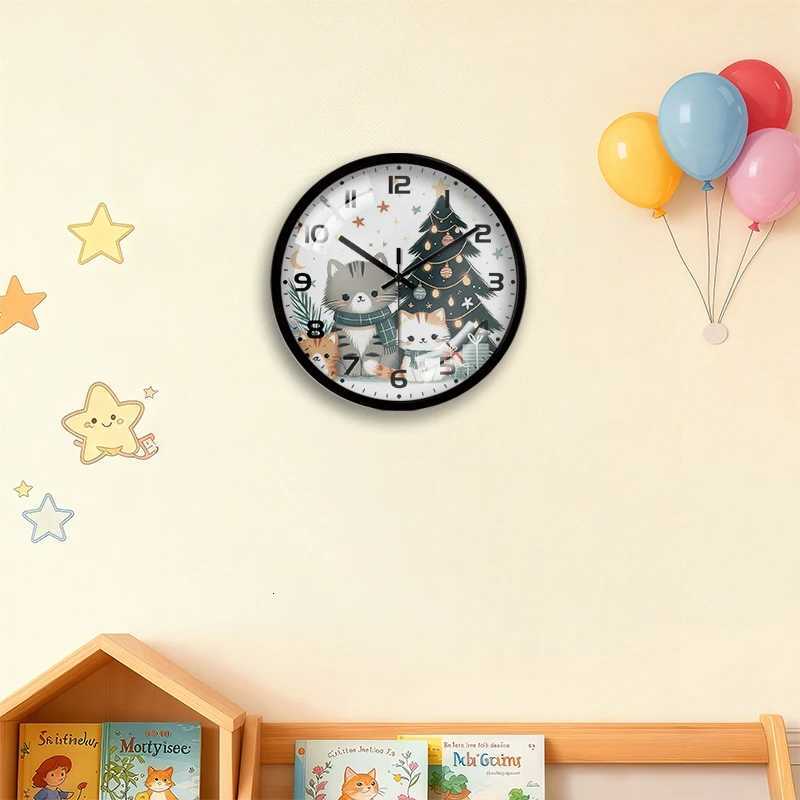 Christmas For Cat Cartoon Round Silent Hanging Wall Clock Suitable For Living Room SchoolStudy RoomBedroom Childrens Gifts C251126