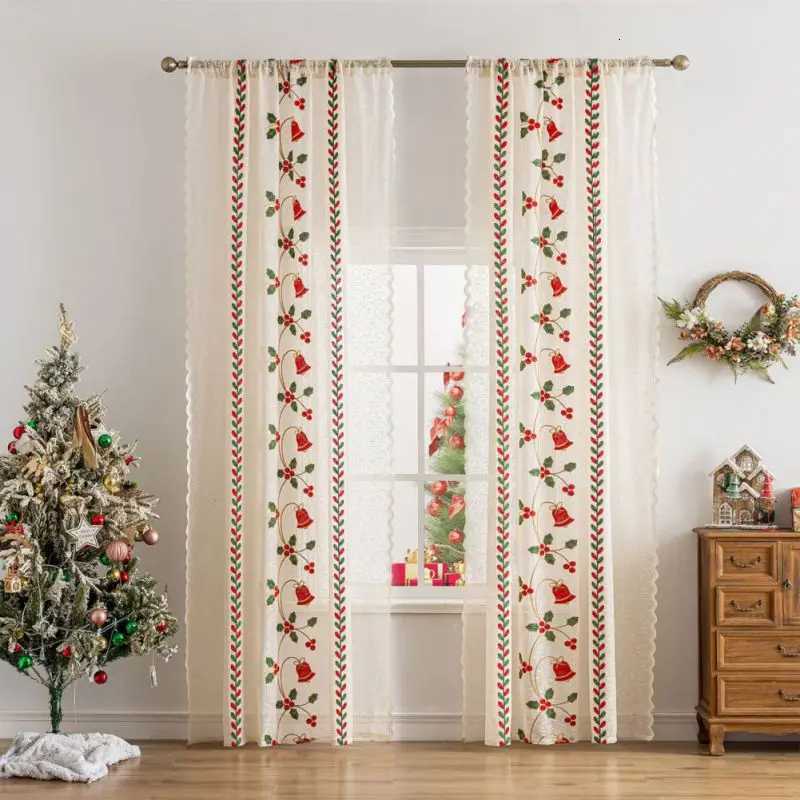 Curtain Christmas 2 Panel Santa Claus Lace Gauze Curtains Christmas Bell Embroidery Curtains Translucent Lace Curtains Home Decoration Curtains Y25112