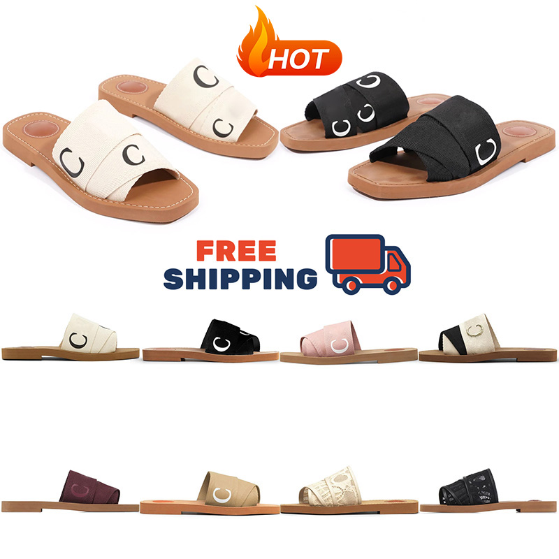 free shipping designer woody sandals women mules Canvas upper stylish slippers summer beach slides outdoor casual walking travel sandal beige black