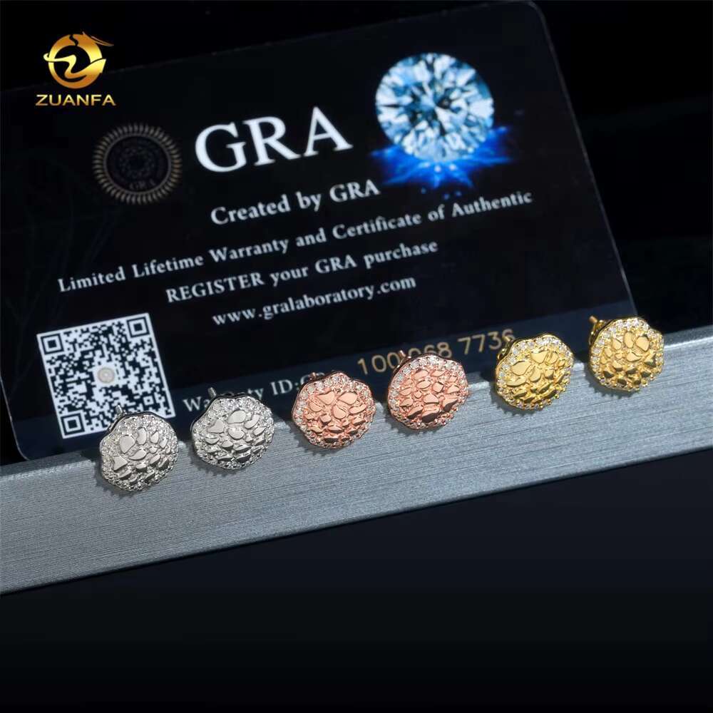 New Arrivals Hip Hop Gold Plated GRA Certificate Nugget 925 Sterling Silver Men Moissanite Earrings