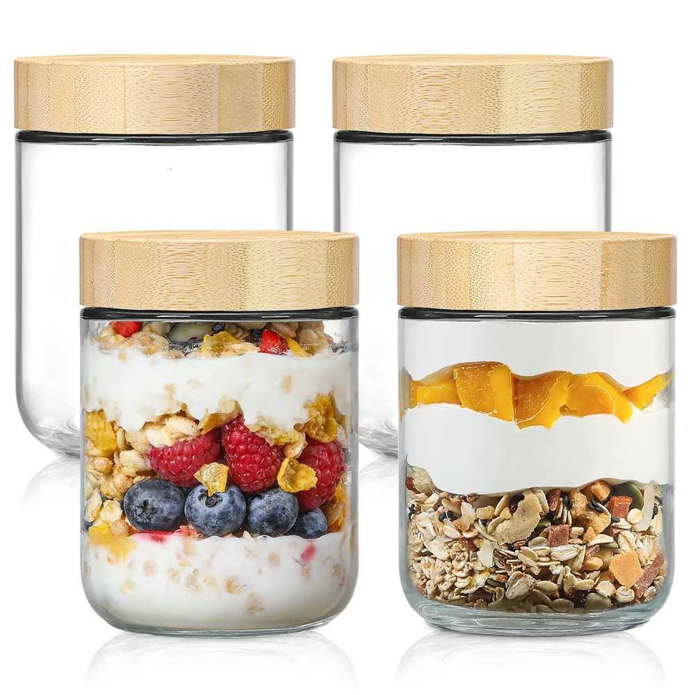 4pack Glass jars with Airtight Lid 16oz Over Night Oats Container with Bamboo Lids Glass Snack Storage Salad Jars Yogurt Sugar Y251126