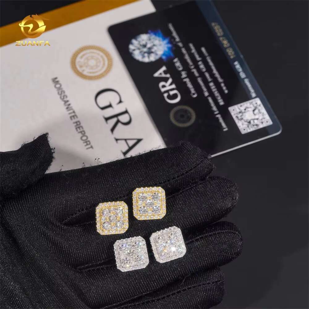 Big Luxury Iced Out Square Hip Hop Moissanite Diamond Mens Earring 925 Sterling Silver Earrings for Men