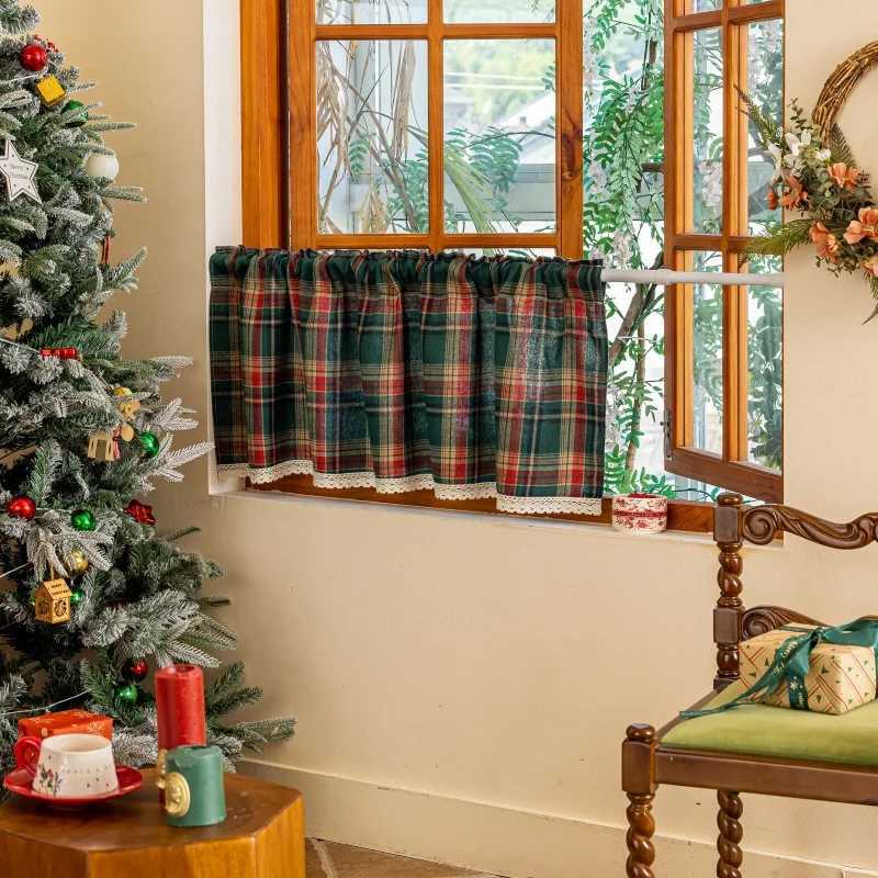 Christmas Green Check Plaid Curtains Farmhouse Style Gingham Curtain Christmas Decorative Adjustable Shades Rod Pocket valance Curtains Y251126