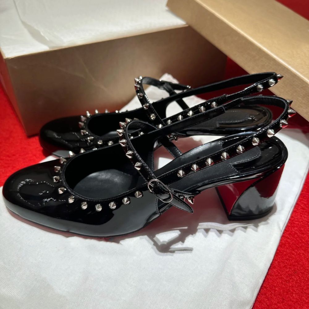 Women's Black Patent Leather Studded Mary Jane Slingback Block Heel Sandals, Edgy Evening Party Footwear---168-12
