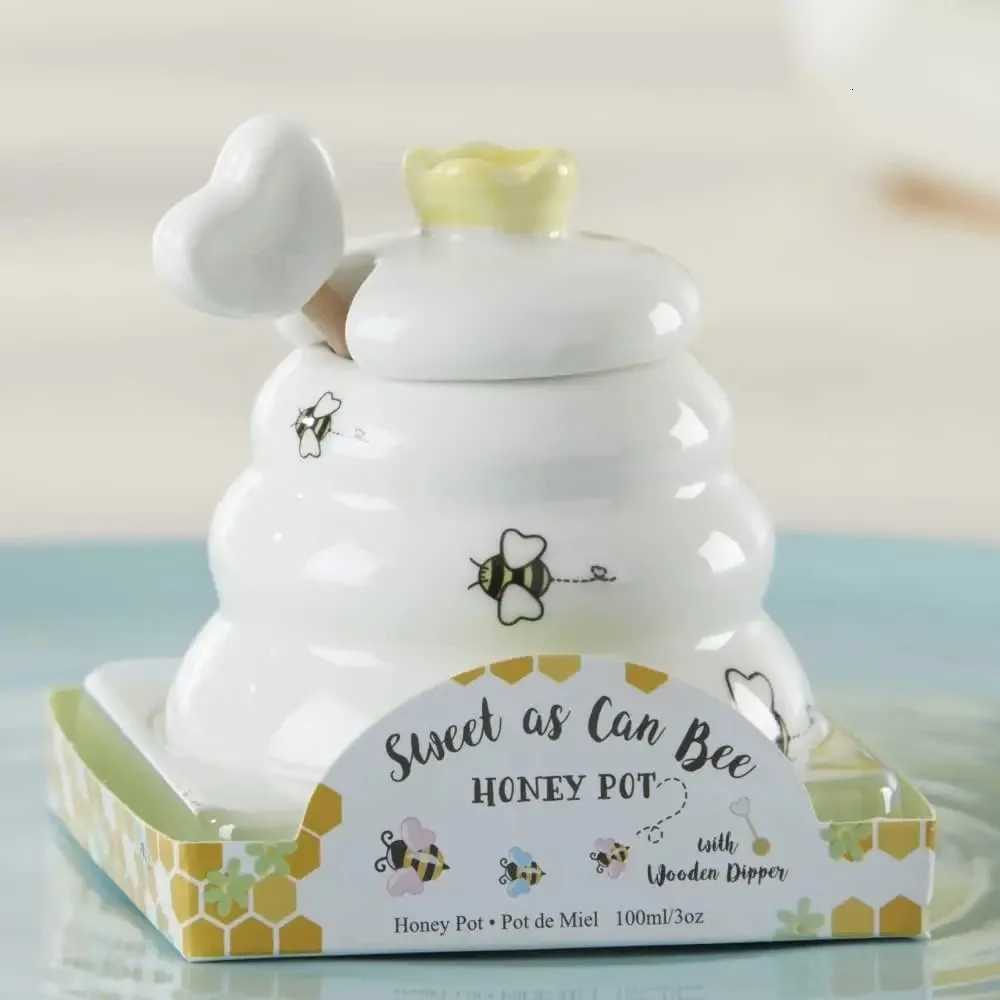 Kate Aspen Sweet as Can Bee Ceramic Mini Honey Pot with Wooden Honey Dipper 34 oz Honey Jar Bee Decor White/Yellow Y251126