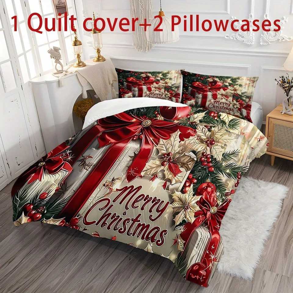 Christmas Christmas Bedding Set Red Bow Flowers Printed Cozy Duvet Cover King Queen Twin Single Size New Year Christmas Gift Bedroom Decor Y251126