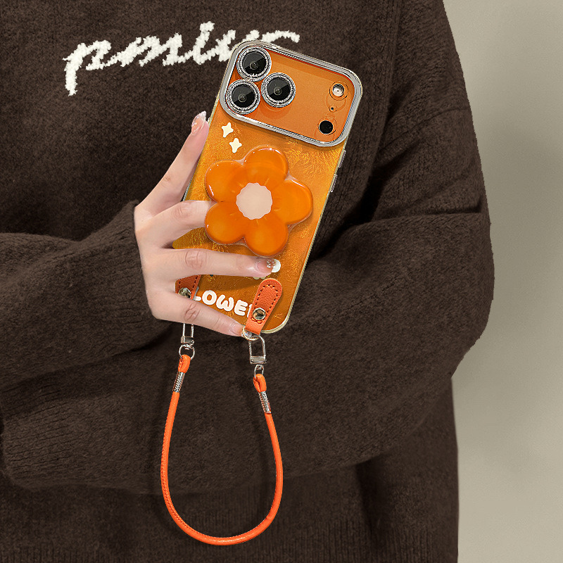 Orange flower holder suitable for Apple 17 phone case, iPhone 15 Promax with lanyard, 16 glacier pattern, 13 women