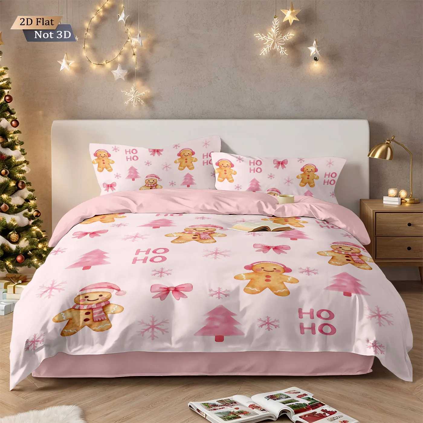 Christmas 3pcs pink Merry Christmas gingerbread printed coreless bedding set multi size bedroom bedding holiday decoration comfortable Y251126