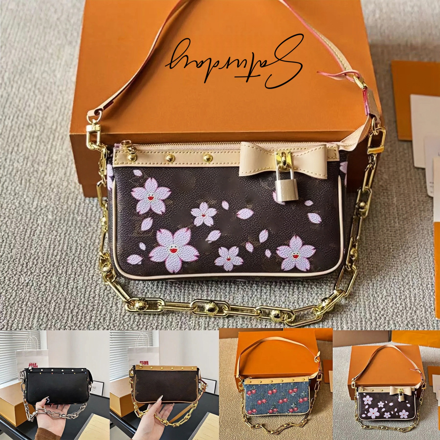 designer bags takashi murakami handbag cherry blossoms shoulder leather canvas colorful bag composite lady beach clutch tote woman purse wallets 10527