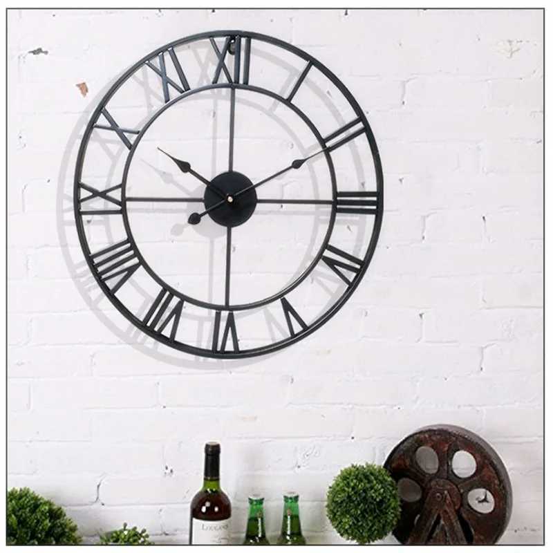 New 80 cm Modern 3D Large Retro Black Iron Art Hollow Wall Clock Roman Numerals Home Decor C251126
