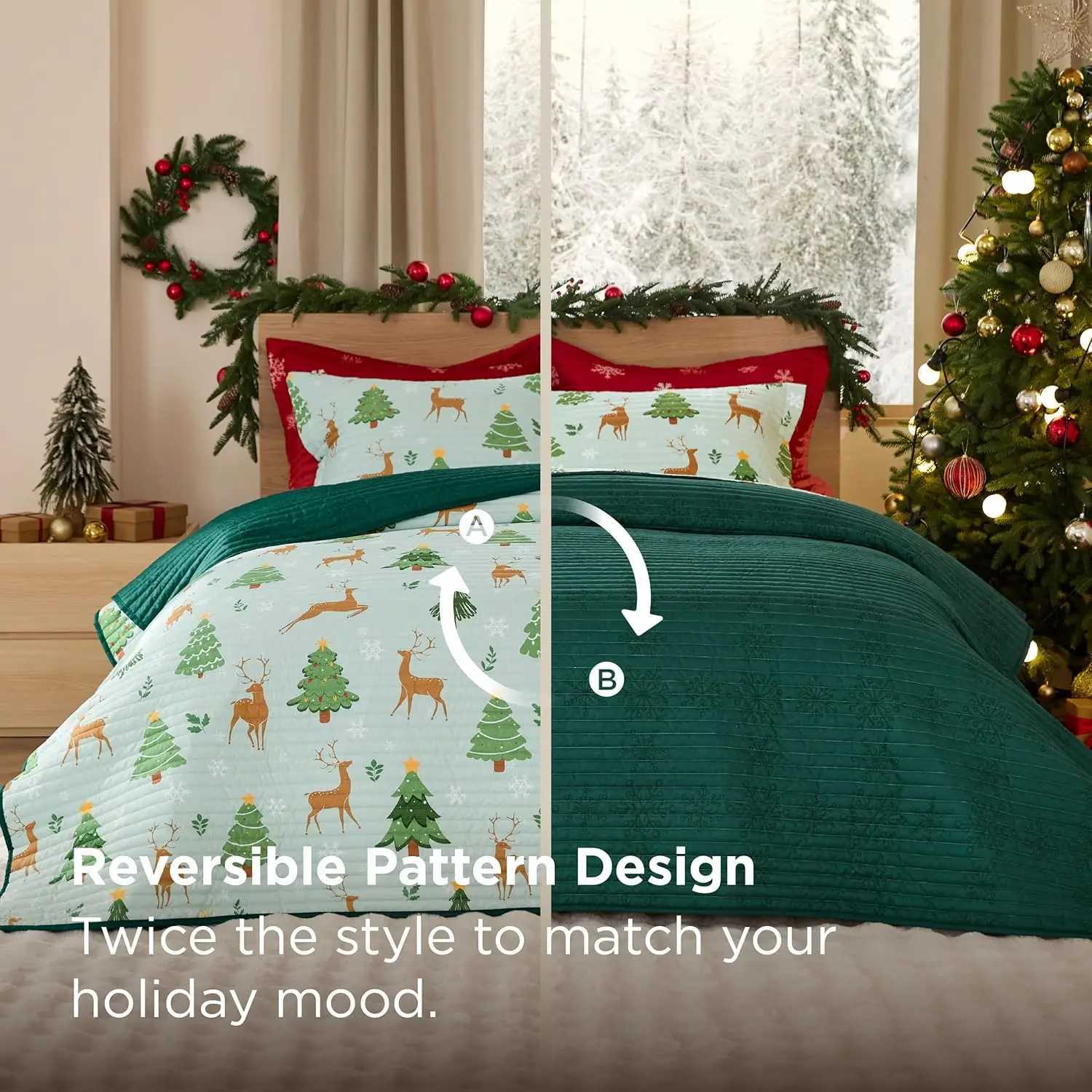 Christmas Christmas Quilt Bedding Set King Size Reversible Quilt Set with Christmas Tree and Reindeer Pattern Soft Microfiber Lightweight Y251126