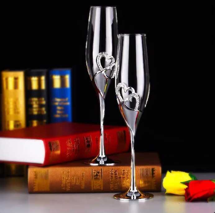 Crystal diamond heart-shaped champagne glass set goblet glass wedding gift pair wine glass red wine glass C251126