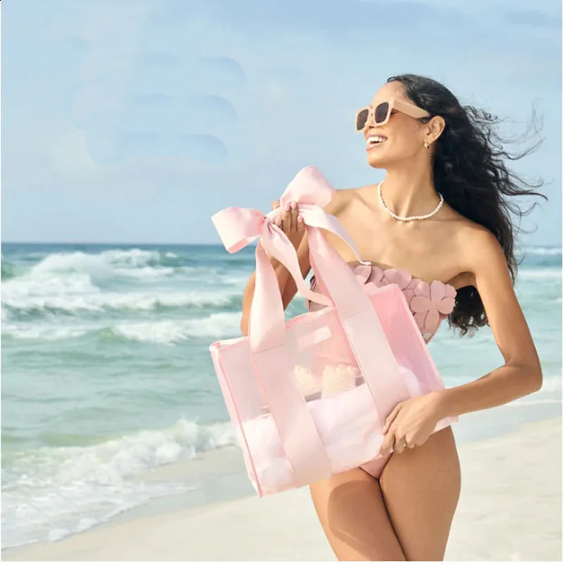 Large Capacity Women Handbag with Bowknet Bubble Soap Summer Tote Bag High Quality 0.6MM PVC Beach Tote Bag Waterproof 250423