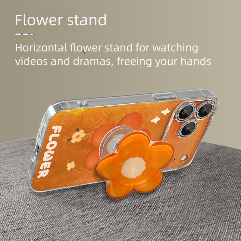 Orange flower holder suitable for Apple 17 phone case, iPhone 15 Promax with lanyard, 16 glacier pattern, 13 women