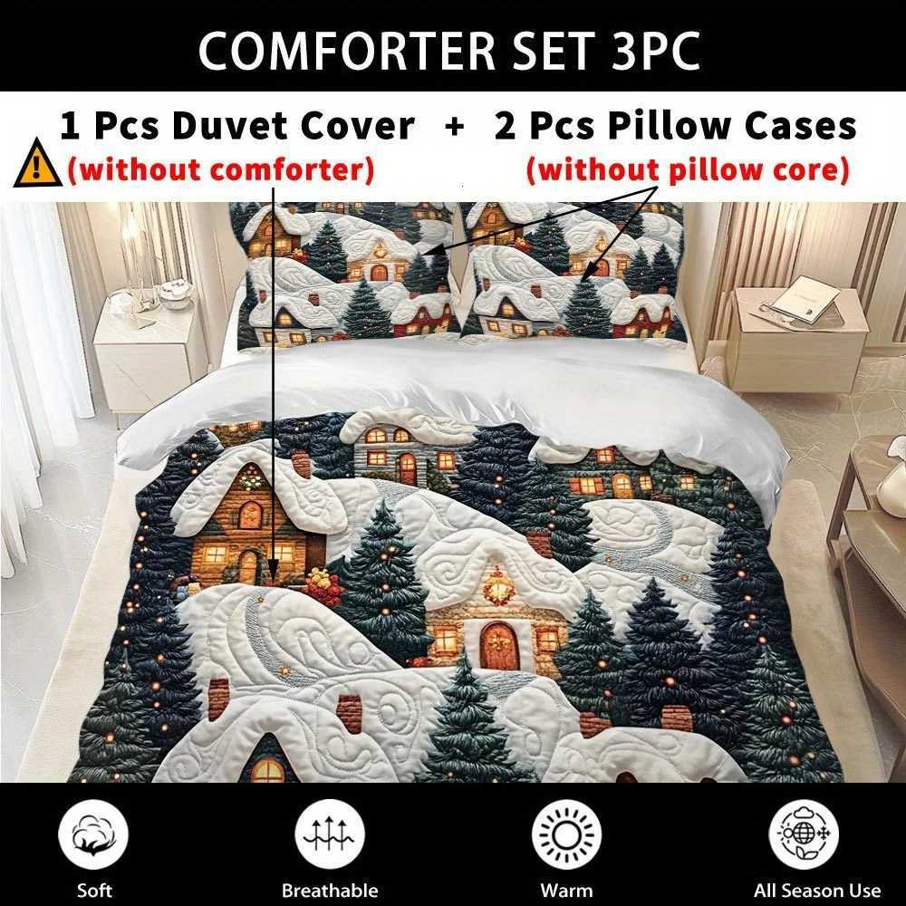 Christmas Latacaca 2/3pcs Christmas Themed Duvet Cover Set Snowy Village Bed Cover Set Festive Winter Bedding Set 1 Duvet Cover Y251126