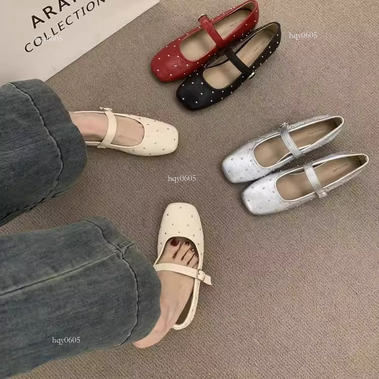Top brand, high-quality new product designer, new 2025 spring Korean ballet troupe, rivet square toe flat bottomed single button high rise shoes, fash