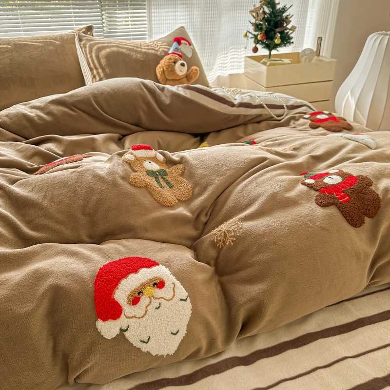 Christmas Brown Cute Christmas Bear Embroidery Bedding Set Single Double Queen Size Duvet cover Set Bed Sheet Pillowcases Christmas Gifts Y251126
