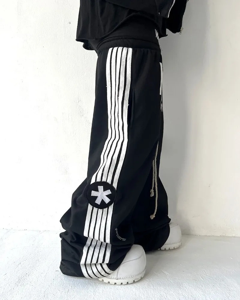 Y2K trendy Gothic English letter embroidered printed striped men sportswear pants retro Harajuku high Street punk casual pants 251126
