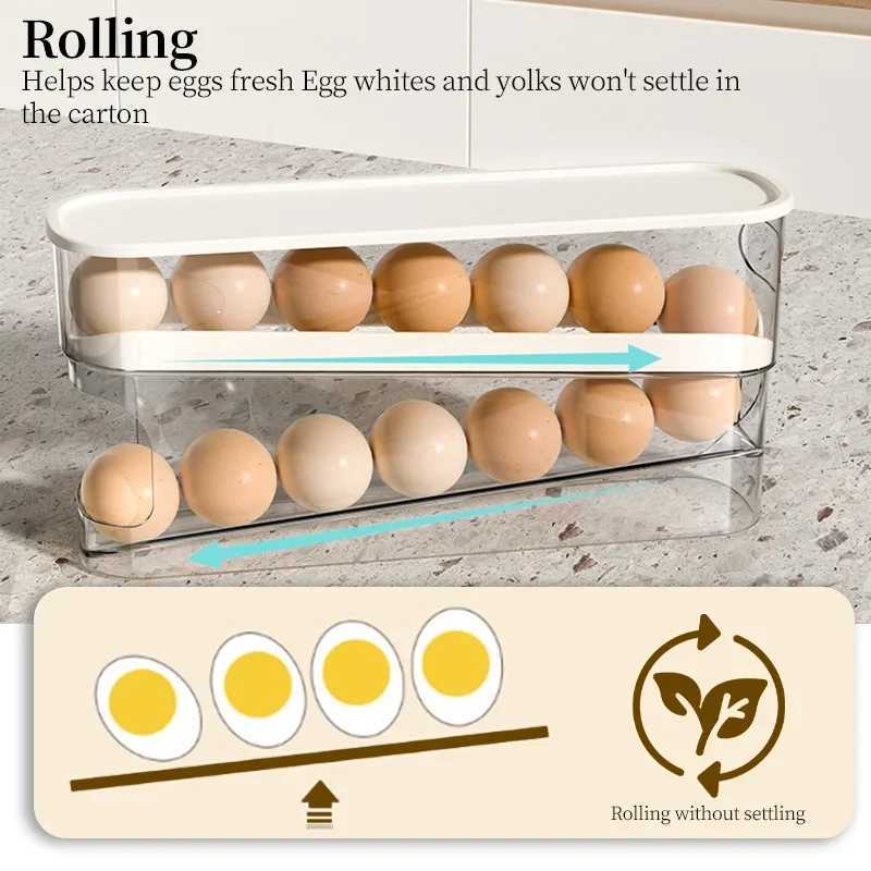 Automatic Scrolling Egg Rack Kitchen Egg Holder Storage Box Egg Basket Container Organizer Rolldown Refrigerator Egg Dispenser Y251126