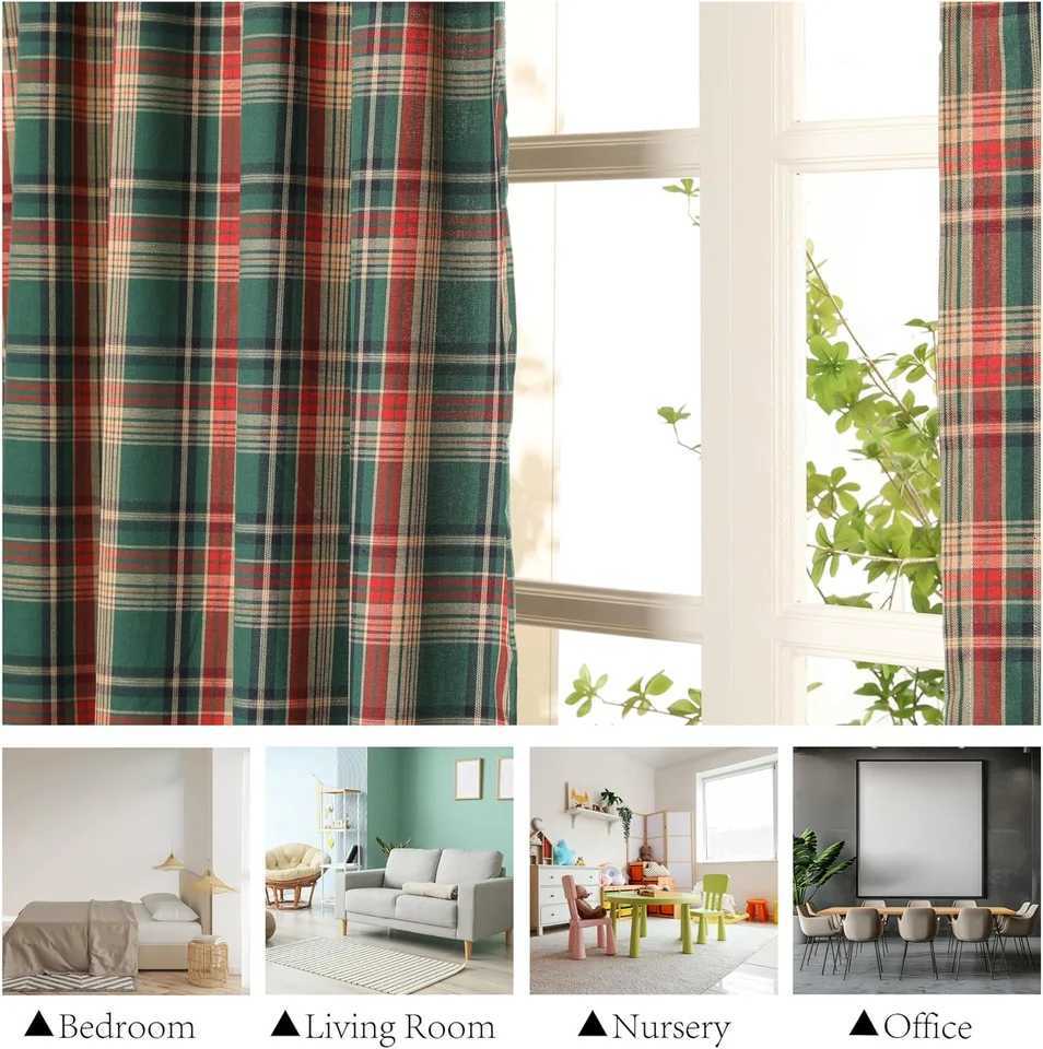 Christmas Green Check Plaid Curtains Farmhouse Style Gingham Curtain Christmas Decorative Adjustable Shades Rod Pocket Window Valances Y251126