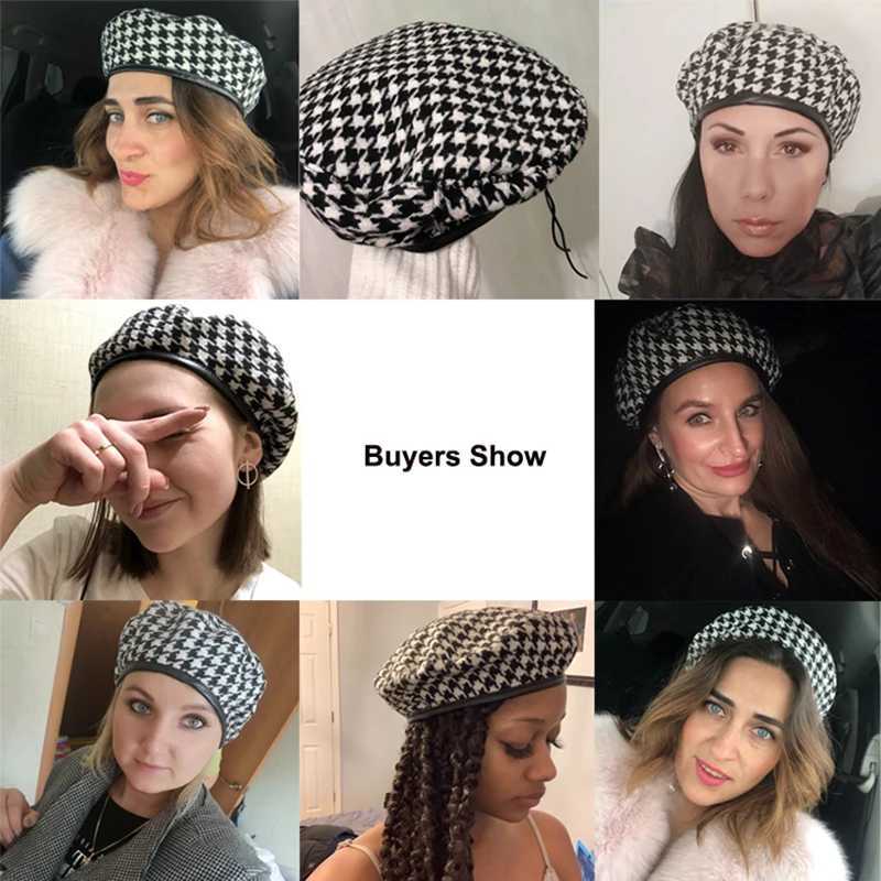 Black and White Plaid Beret Women French Berets Fashion Caps Female Houndstooth Berets Girls Beanie Hat With Adjustable Rope J251125