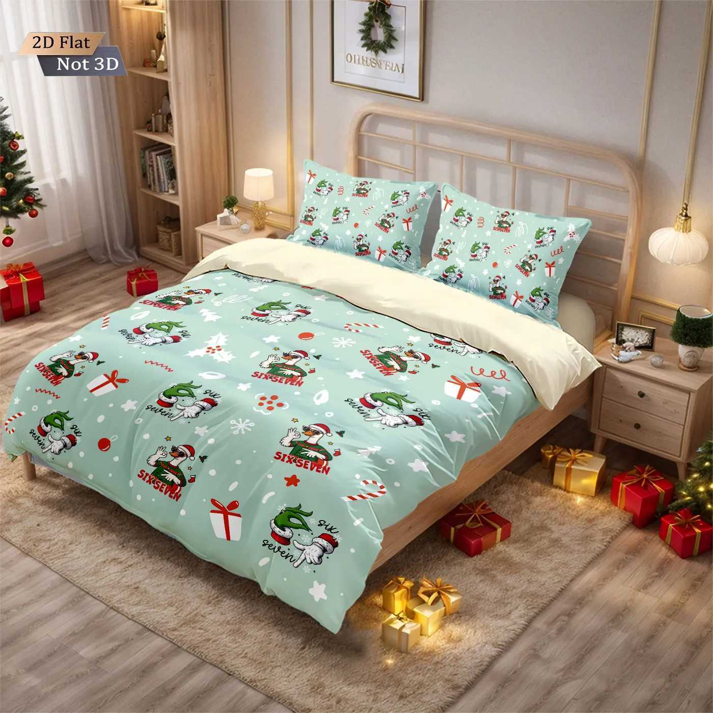 Christmas 3pcs Merry Christmas cartoon goose print coreless duvet cover set multi size bedroom bedding holiday decoration machine washable Y251126