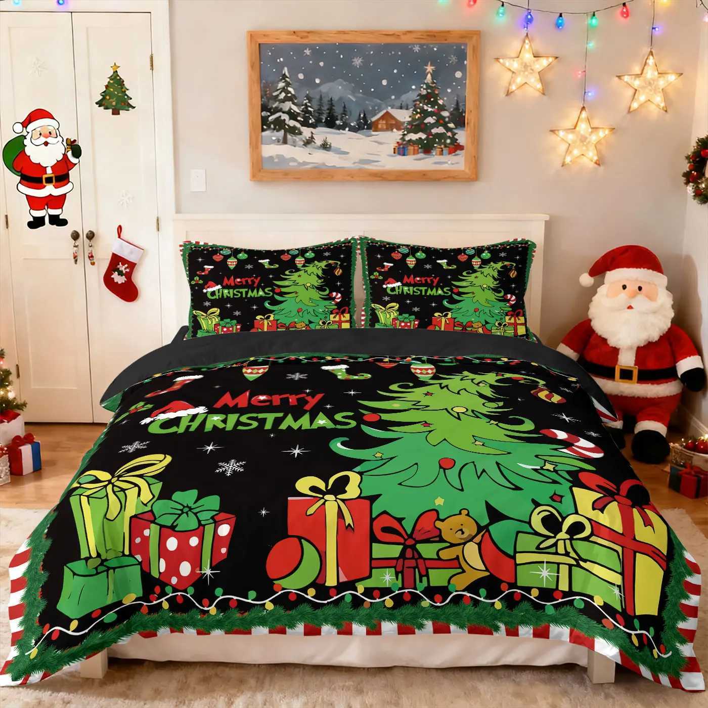 Christmas 3pcs cartoon Christmas tree HO element print coreless duvet cover set multi size bedroom holiday bedding decoration Y251126
