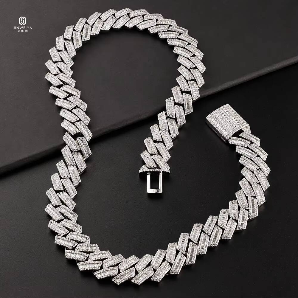 New Style 20mm Baguette Cubic Zirconia Prong Necklace with Cuban Link Chain White Gold Iced Hip Hop Jewelry
