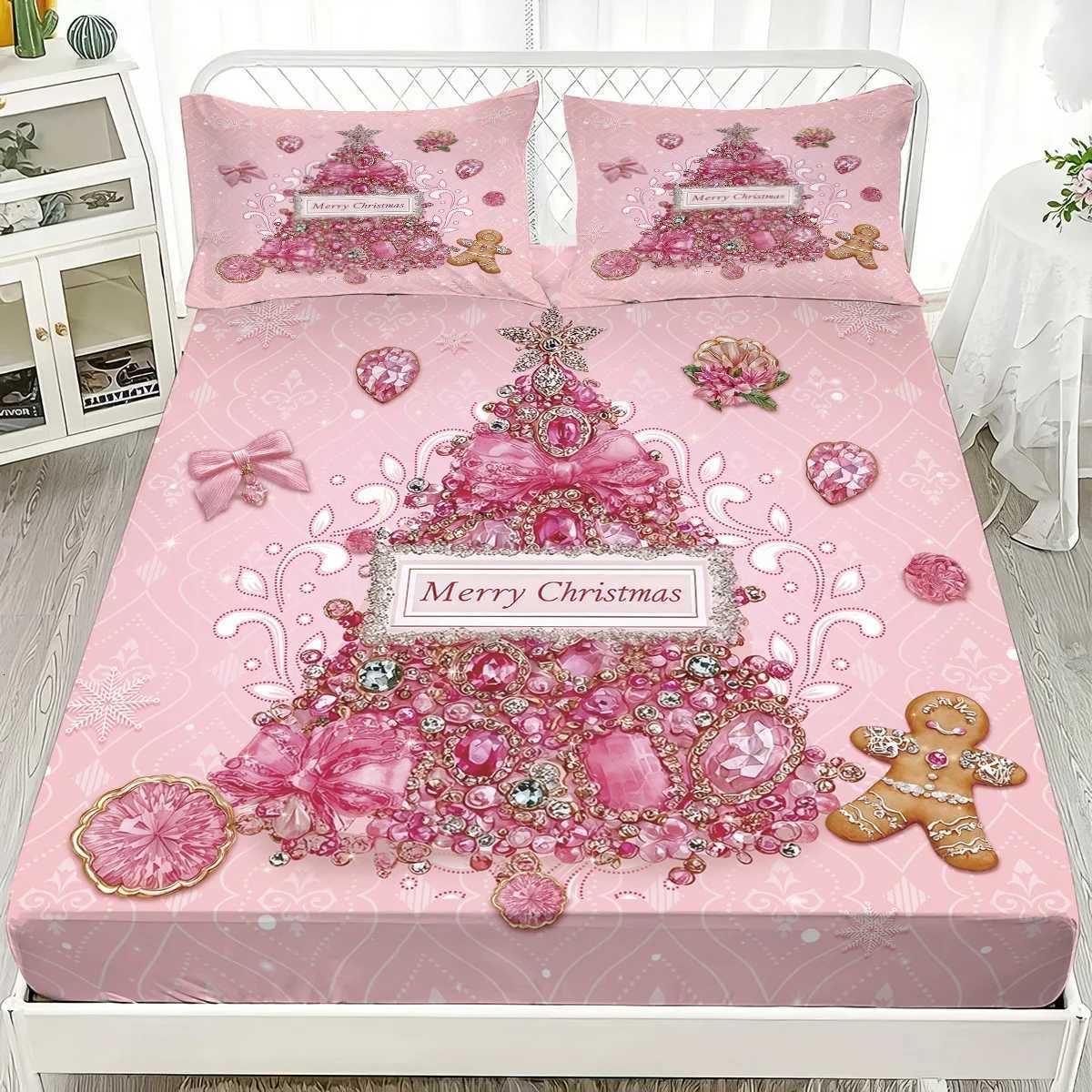 Christmas 3pcs pink romantic Christmas tree print coreless bed sheet set multiple size bed covers bedroom bedding holiday decorations Y251126