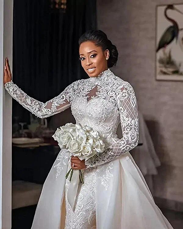 African Mermaid Wedding Dress Detachable Train High Neck Lace Appliques Arabic Bridal Gowns Long Sleeves Robe De Mariage N26 B0320