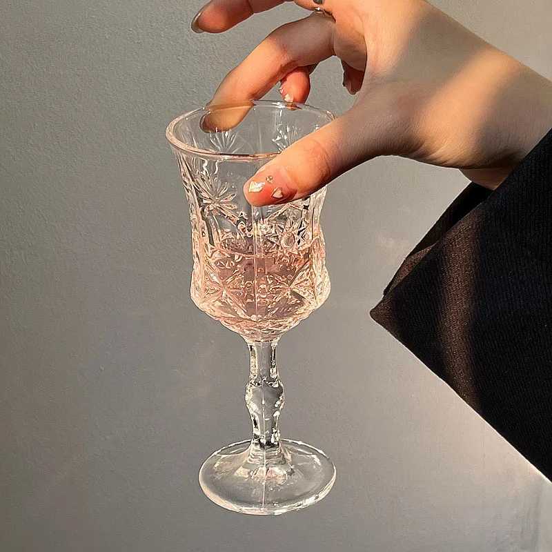 ins cute cup horn transparent glass goblet large opening simple red wine glass embossed champagne cold drink cup C251126