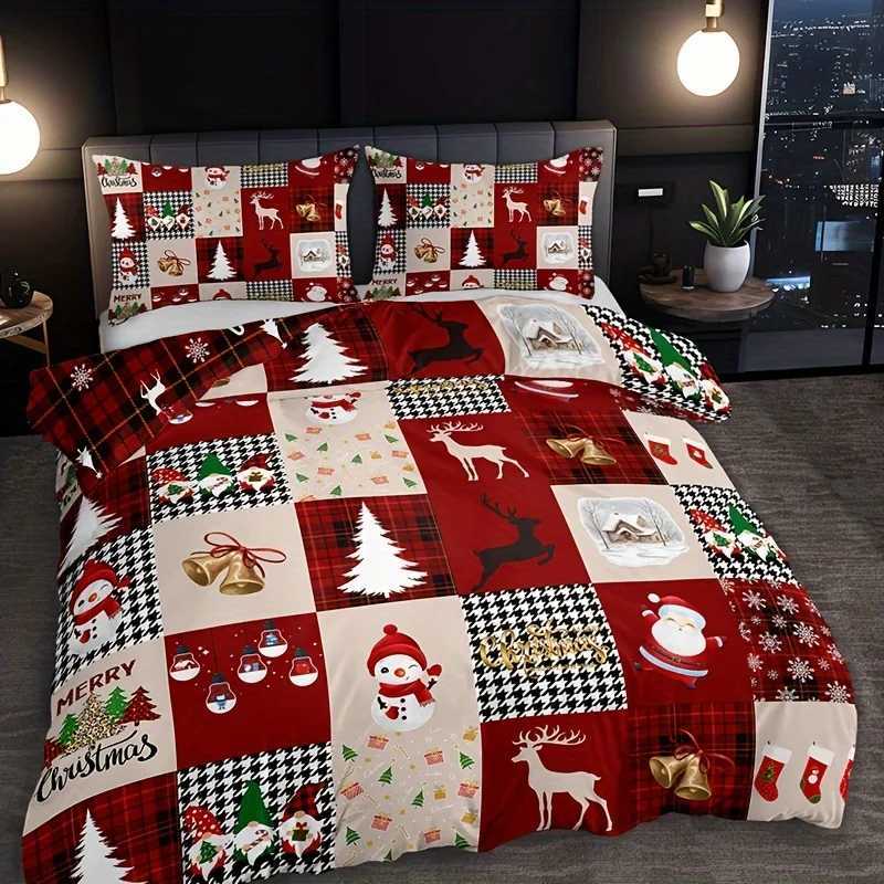 Christmas Breathable Polyester Christmas Reindeer Plaid Duvet Cover Set Includes 1 Duvet Cover and 2 Pillowcases Perfect for All Seasons Y251126