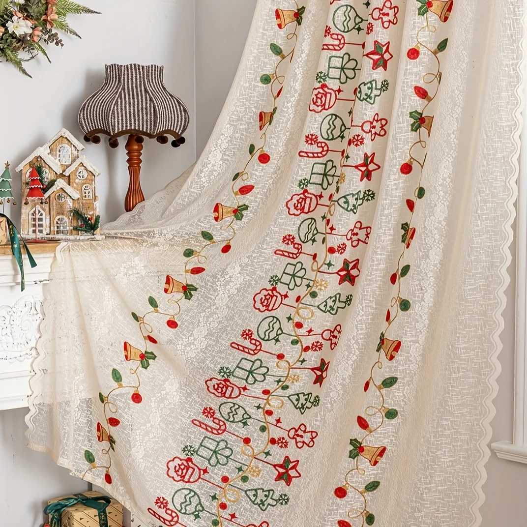 Christmas 1Pc Warp-Knitted Embroidered Santa Claus Bell Christmas Curtain Rod-Top Window Drape Home Decoration 2025 Model Y251126