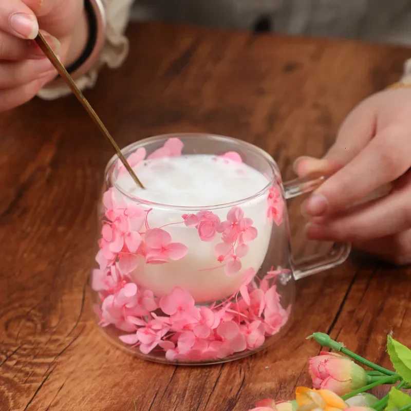 Double Wall Glass Cup 200ml Clear Flowers Pattern Milk Tea Coffee Mug with Handle Gifts Friends Home Water Cup Drinking Glasses C251126