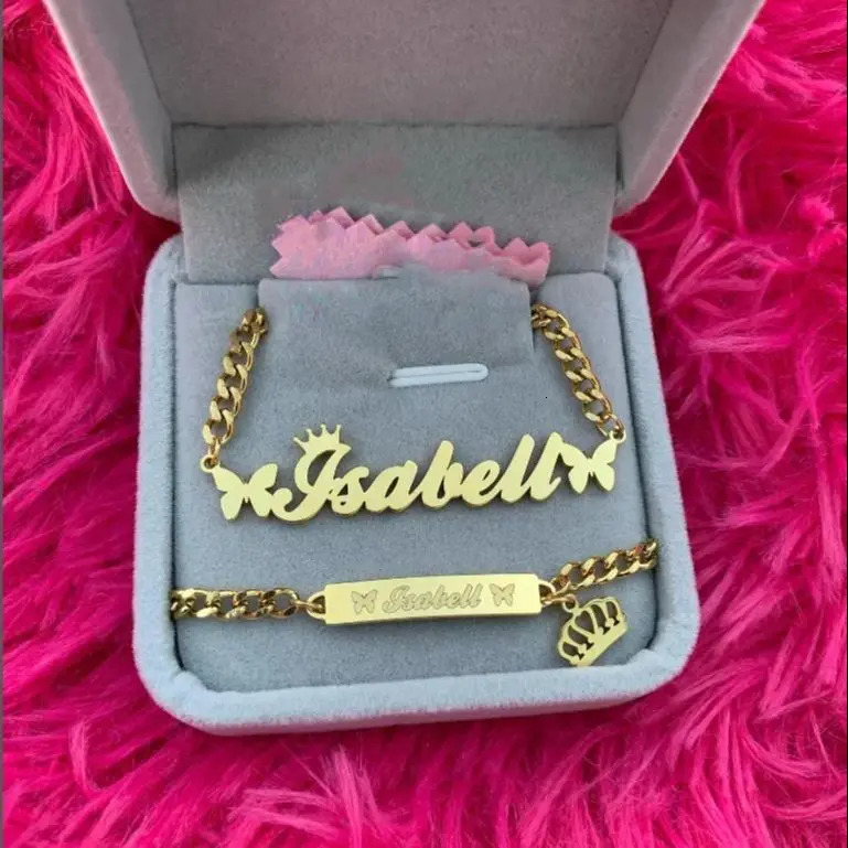 Custom Crown Butterfly Name Necklace Bracelet for Women Jewelry Stainles Steel Gold Color Nameplate s Set Gifts 251125
