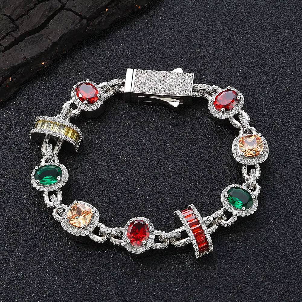 2025 Luxury VVS Moissanite Geometric Design Link Chain Bracelet New Arrival S925 Silver Colored Stones Hip Hop Fine Jewelry