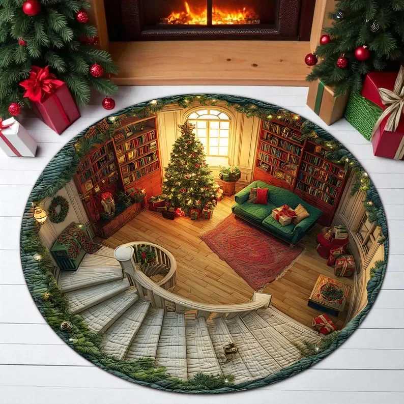 Printed 3D Christmas Living Room Round Rug Quilted Tree Skirt with Cozy Library Christmas Tree Design Holiday Gift IdeaM251126