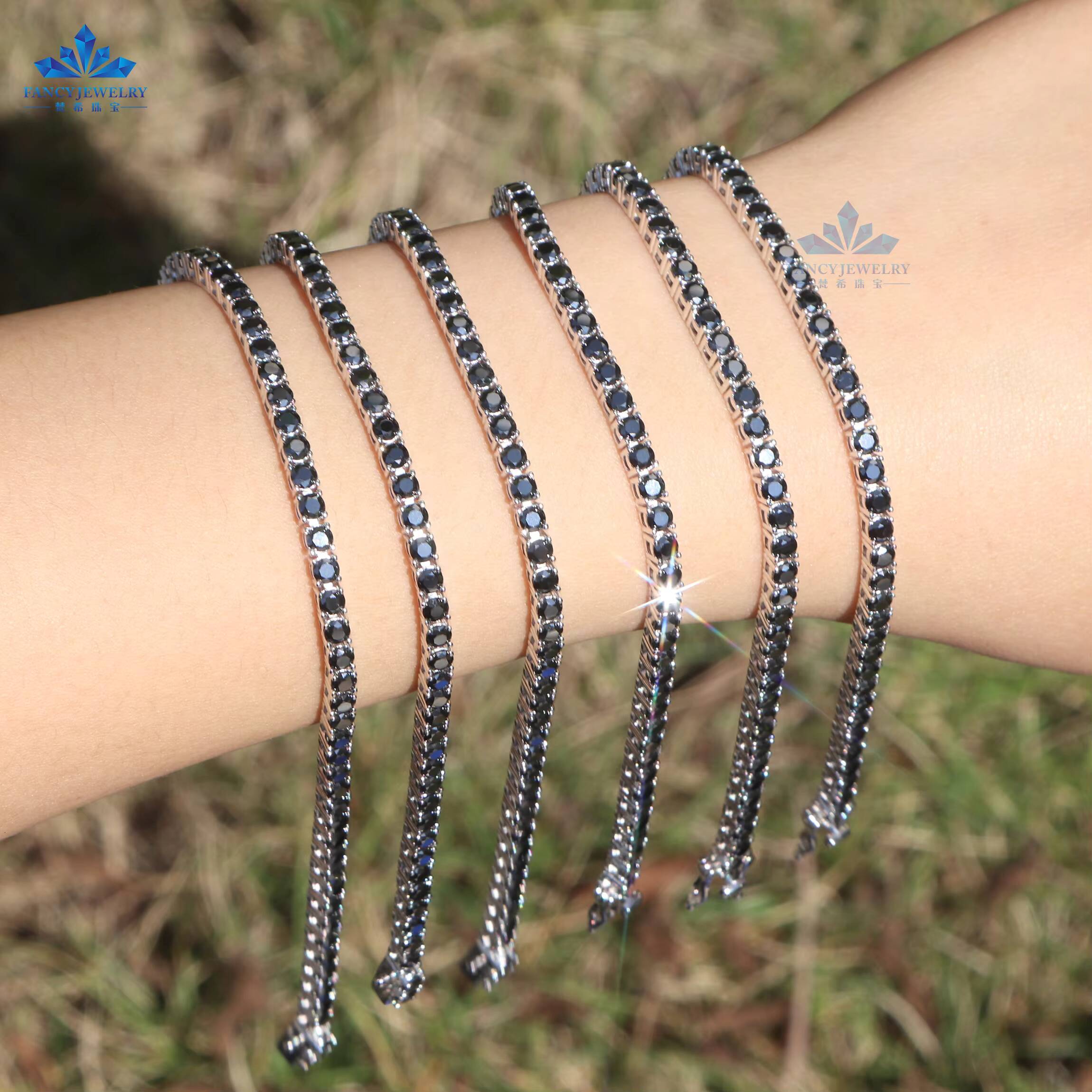 Man Women Bracelet Factory Customs Pass Diamond Tester 2mm 3mm Round Cut Black Moissanite Tennis Bracelet Chain