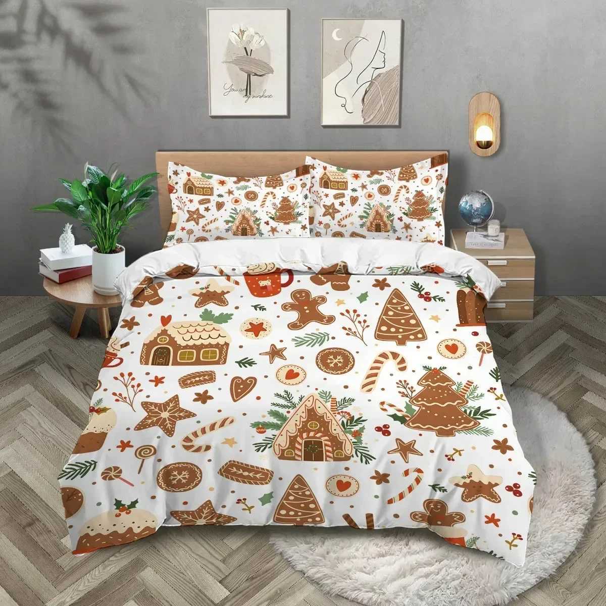 Christmas Christmas Cottage Gingerbread Man Brown Print Quilt Cover with Pillowcases Skin-friendly Warm soft Breathable Bedding Set Y251126