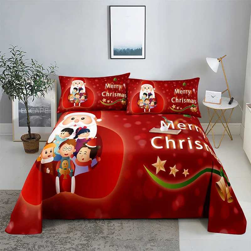 Christmas Merry Christmas Bed Sheet Set with Pillowcase 3D Print Santa Claus Home Decor New Year King Queen Full Size Red Bed Flat Sheet Y251126