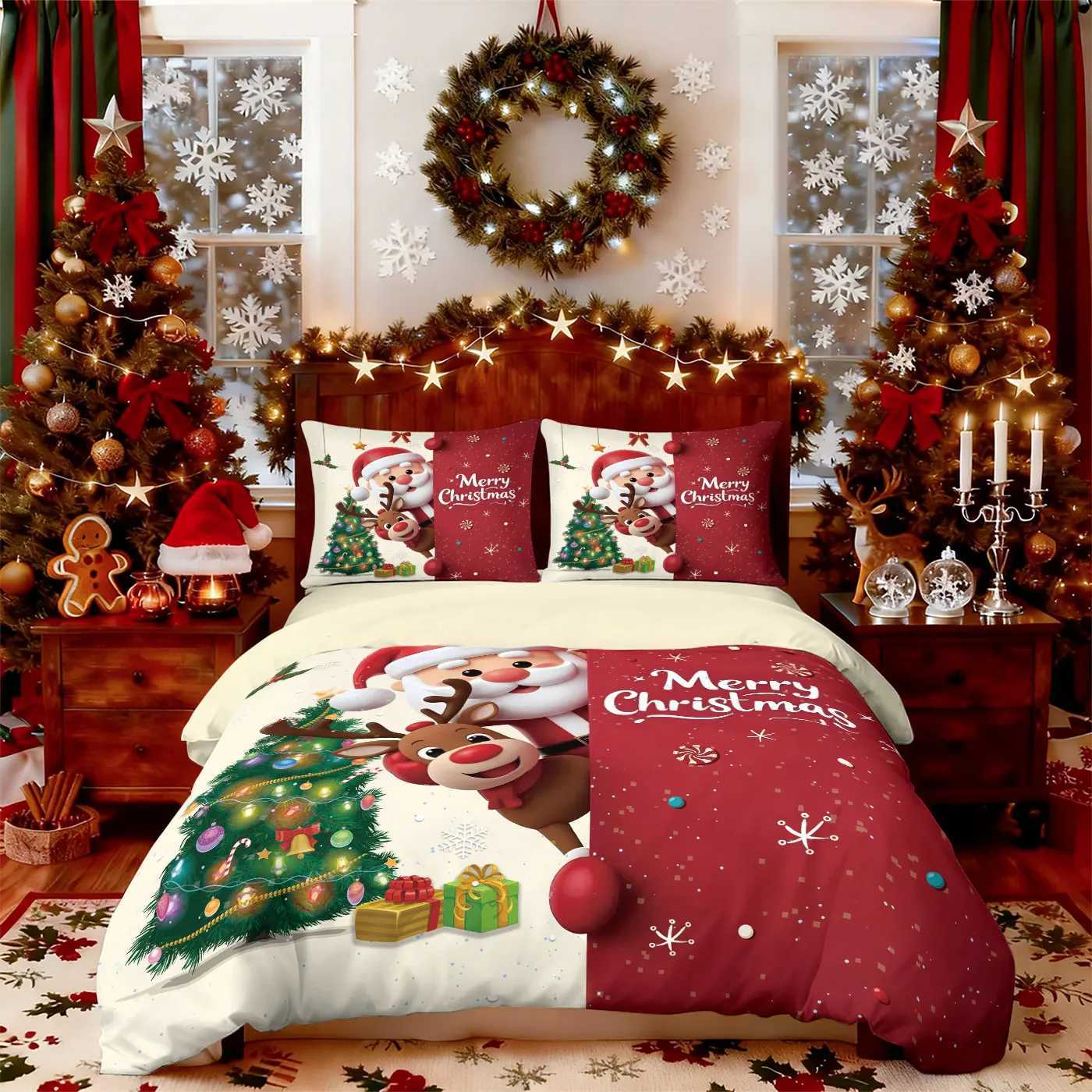 Christmas 3pc Merry Christmas Cartoon Santa Claus Printed Chipless Quilt Set Multi Size Bedrooms Dormitory Bedding Holiday Decoration Y251126