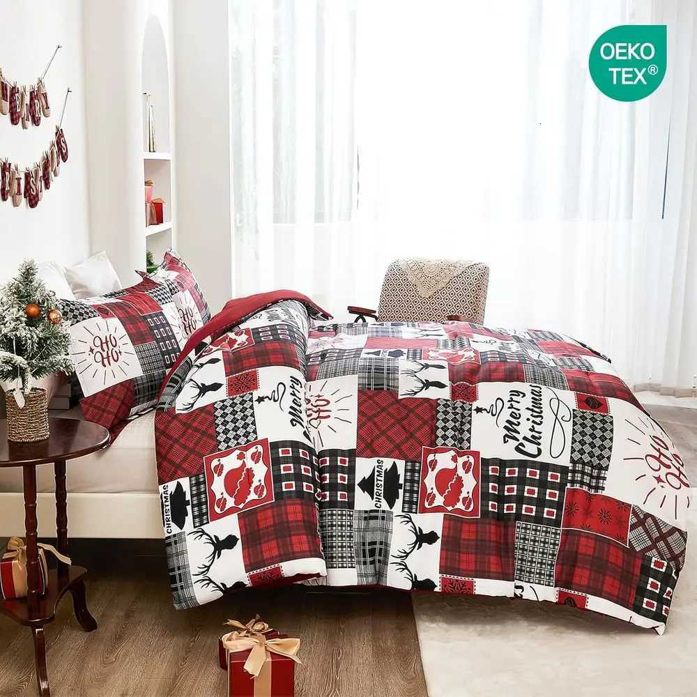 Christmas King Size Christmas Reindeer Plaid Duvet Cover Set - 3-Piece Rustic Holiday Bedding with Zipper for Fall Winter Y251126