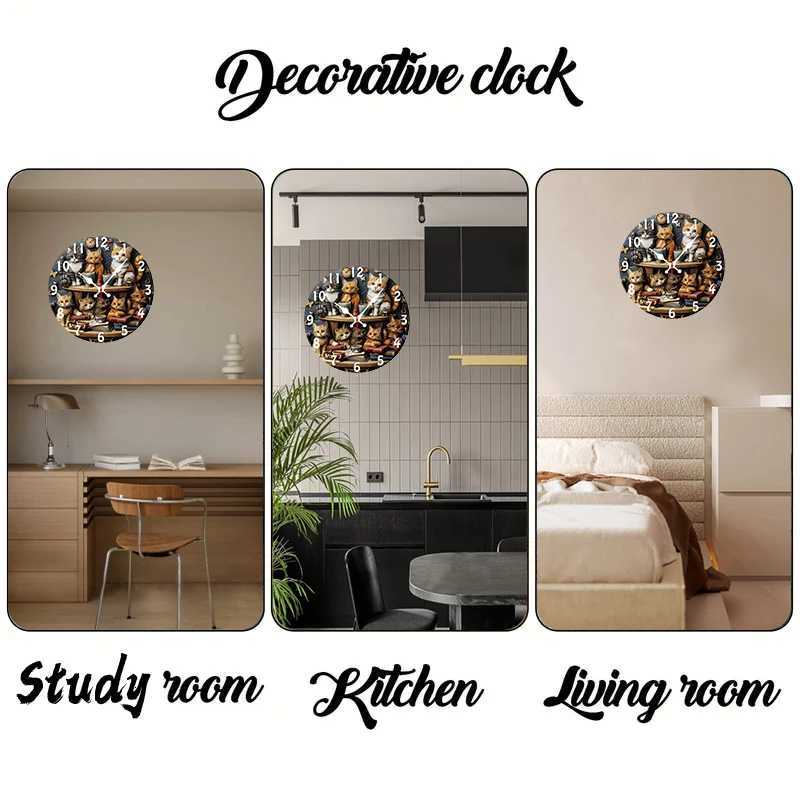 Cat Design Wooden Round Silent Hanging Wall Clock Suitable For Living Room Office Study Room Bedroom Home Decoration C251126