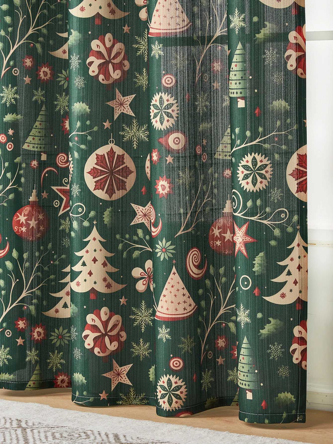 Curtain Christmas Green Christmas tree gifts curtains holiday party atmosphere curtains living room bedroom pole curtains Y251126
