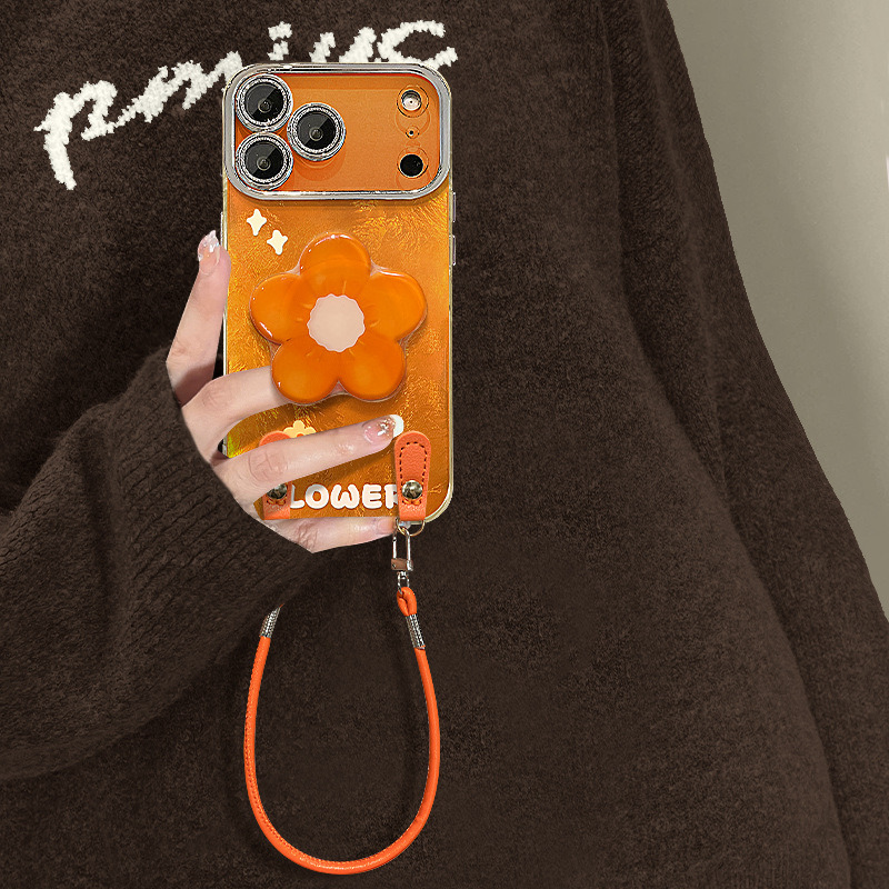 Orange flower holder suitable for Apple 17 phone case, iPhone 15 Promax with lanyard, 16 glacier pattern, 13 women